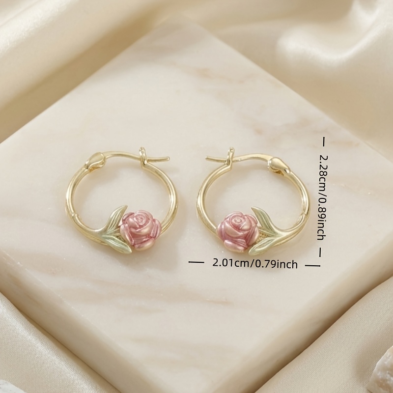 Women's Two-Tone Rose Flower Hoop Earrings, Romantic Design